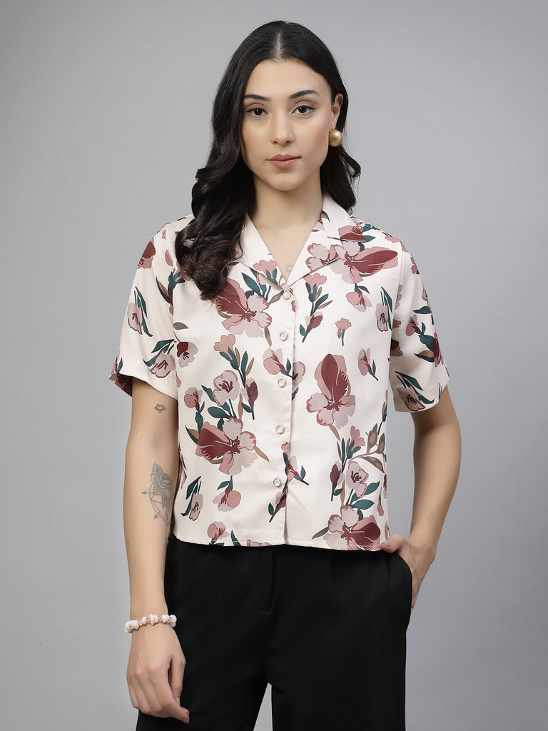 Style Quotient Women Beige And Multi Floral Print Polyester Shirt-Shirts-StyleQuotient