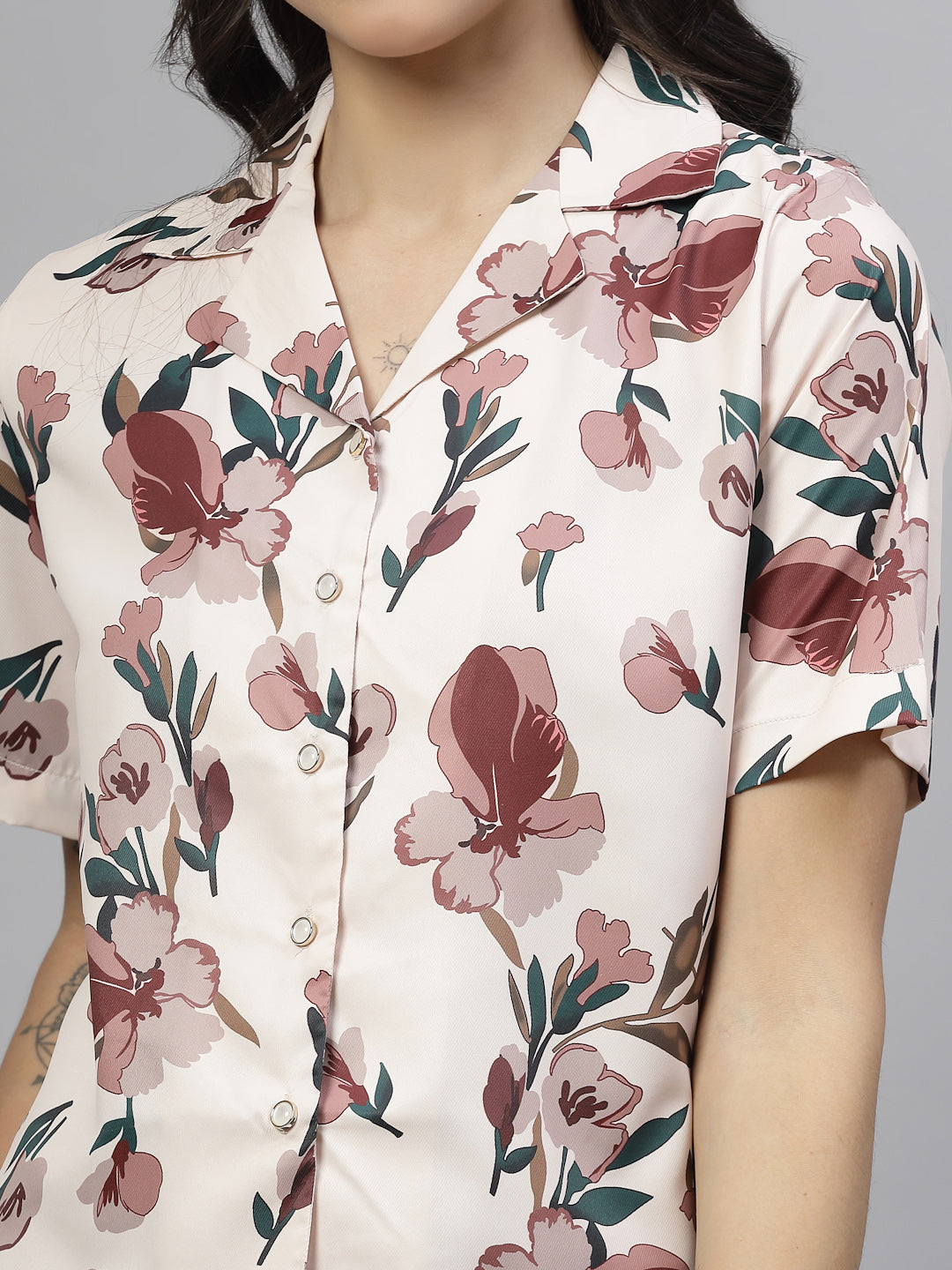 Style Quotient Women Beige And Multi Floral Print Polyester Shirt-Shirts-StyleQuotient