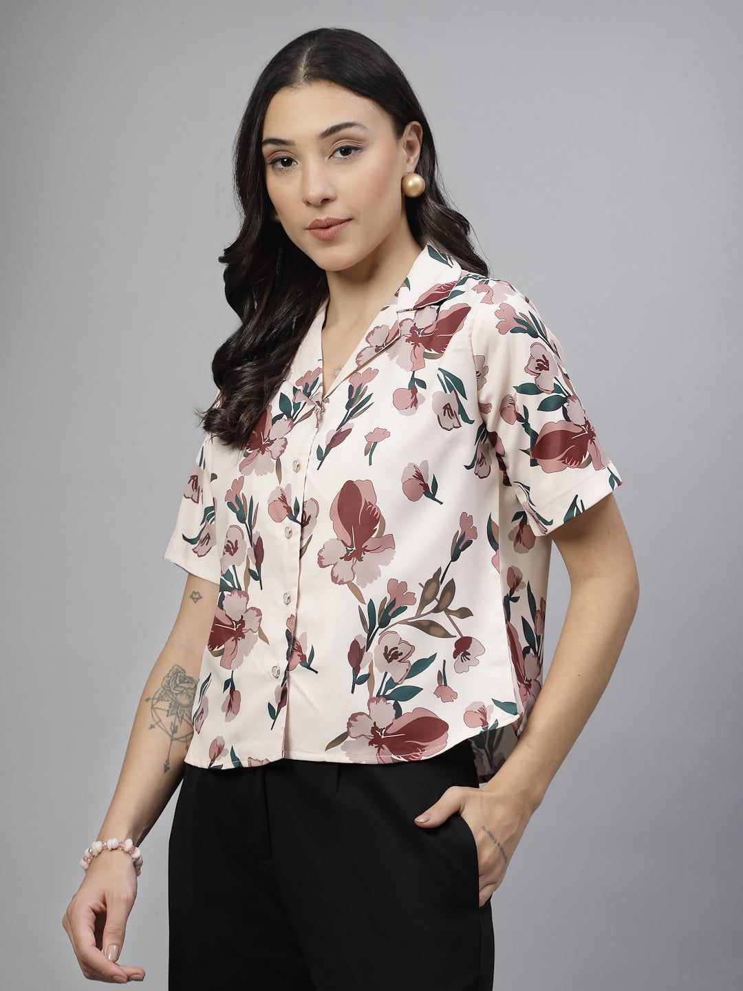 Style Quotient Women Beige And Multi Floral Print Polyester Shirt-Shirts-StyleQuotient