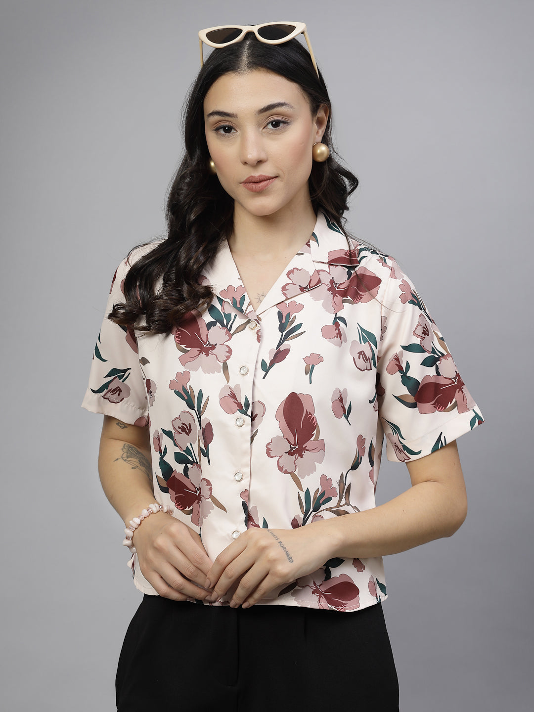Style Quotient Women Beige And Multi Floral Print Polyester Shirt-Shirts-StyleQuotient