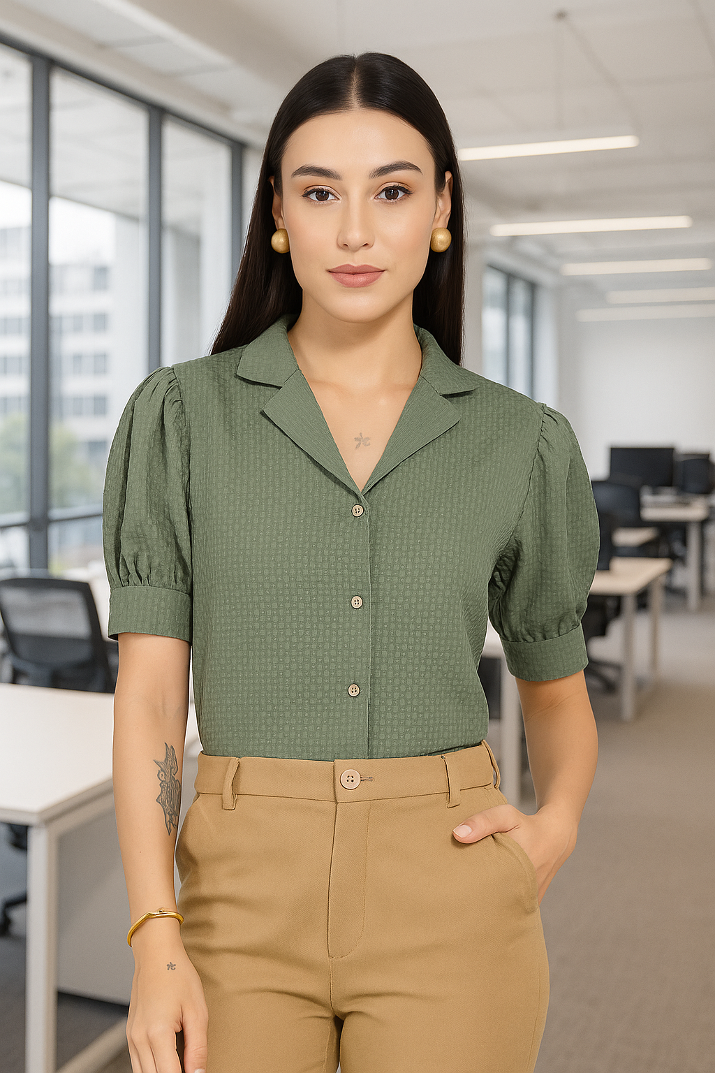 Style Quotient Women Sage Green Solid Texture Polyester Puff Sleeve Formal Shirt-Shirts-StyleQuotient
