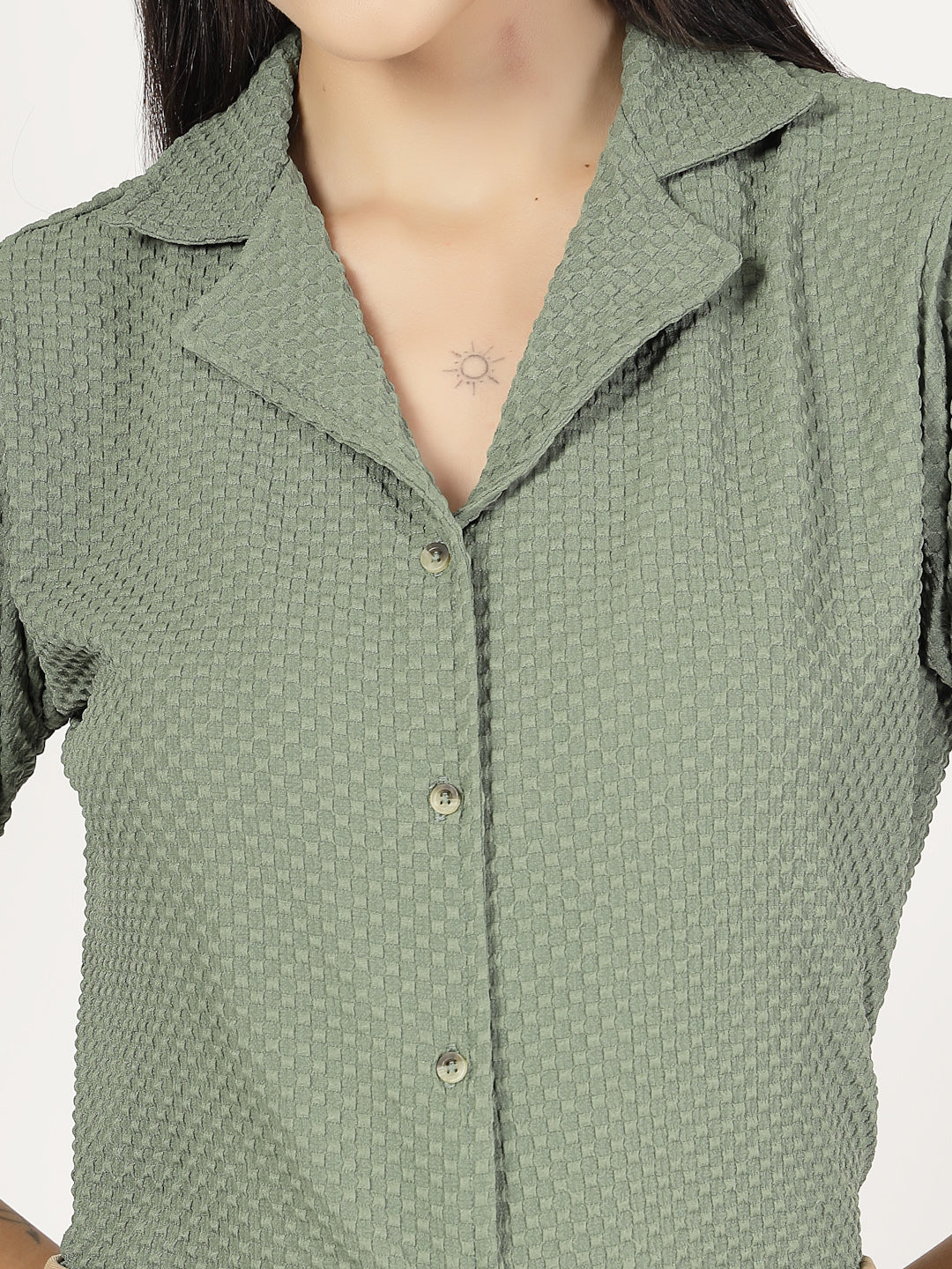 Style Quotient Women Sage Green Solid Texture Polyester Puff Sleeve Formal Shirt-Shirts-StyleQuotient