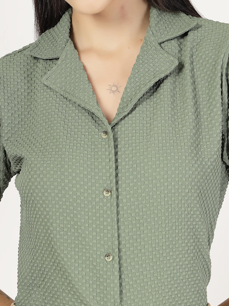 Style Quotient Women Sage Green Solid Texture Polyester Puff Sleeve Formal Shirt-Shirts-StyleQuotient