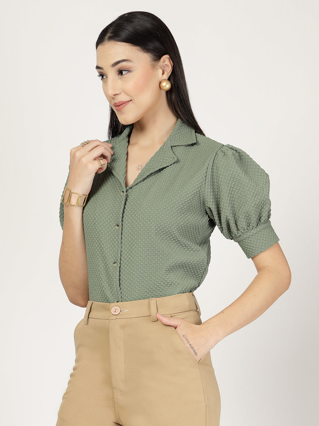Style Quotient Women Sage Green Solid Texture Polyester Puff Sleeve Formal Shirt-Shirts-StyleQuotient