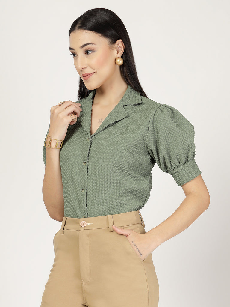 Style Quotient Women Sage Green Solid Texture Polyester Puff Sleeve Formal Shirt-Shirts-StyleQuotient