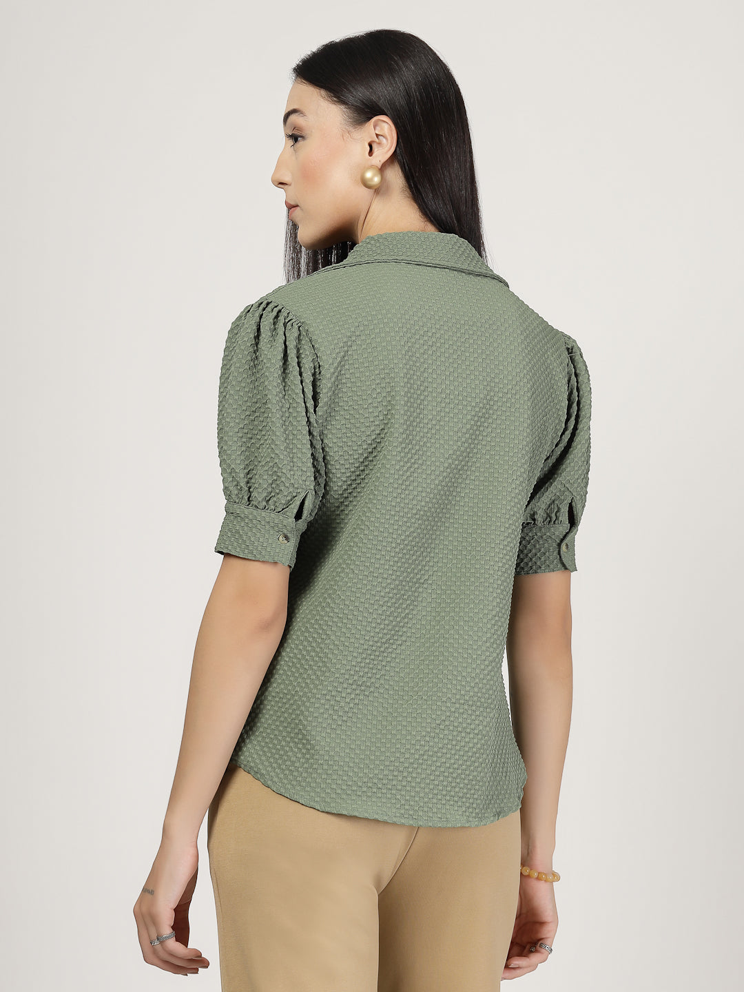 Style Quotient Women Sage Green Solid Texture Polyester Puff Sleeve Formal Shirt-Shirts-StyleQuotient