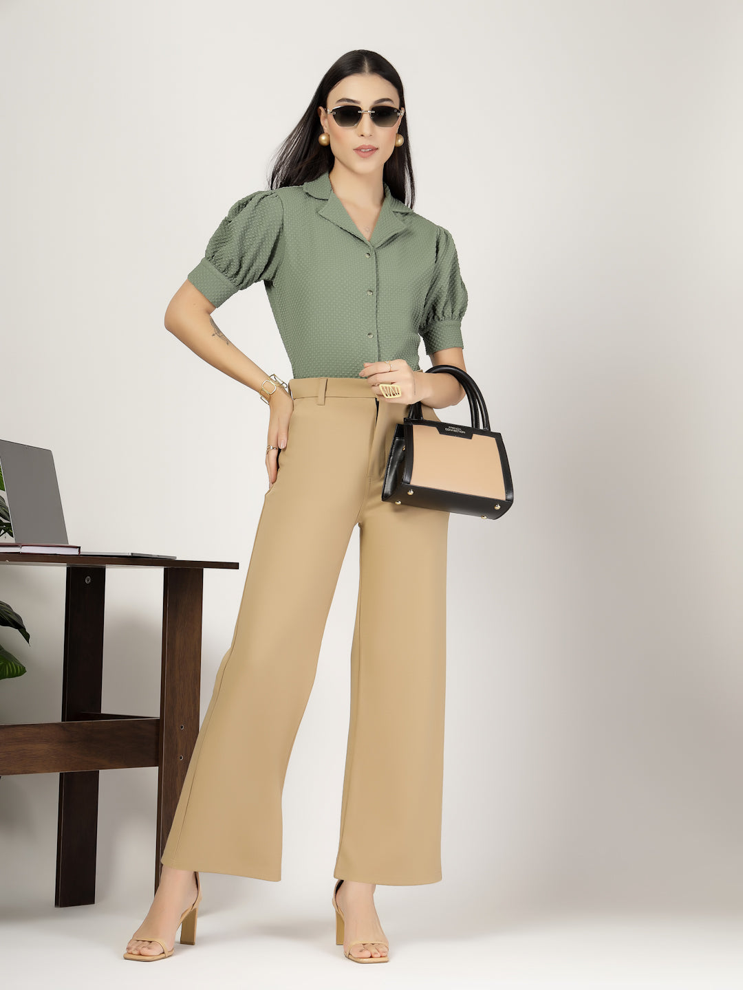 Style Quotient Women Sage Green Solid Texture Polyester Puff Sleeve Formal Shirt-Shirts-StyleQuotient