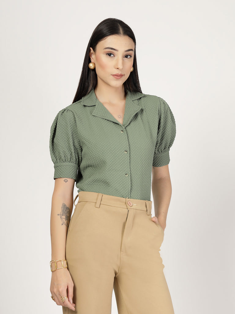 Style Quotient Women Sage Green Solid Texture Polyester Puff Sleeve Formal Shirt-Shirts-StyleQuotient