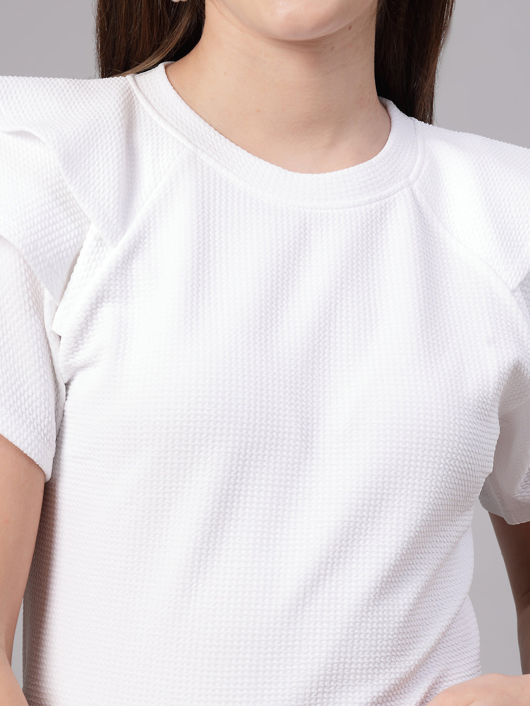 Style Quotient Women Solid Texture White Slim Fit Smart Casual Polyknit Top-Tops-StyleQuotient