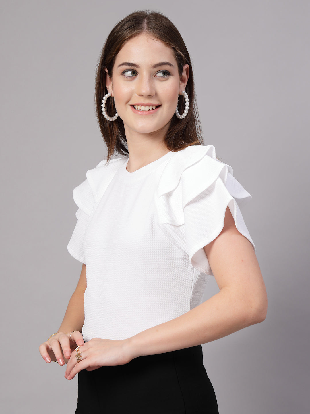 Style Quotient Women Solid Texture White Slim Fit Smart Casual Polyknit Top-Tops-StyleQuotient