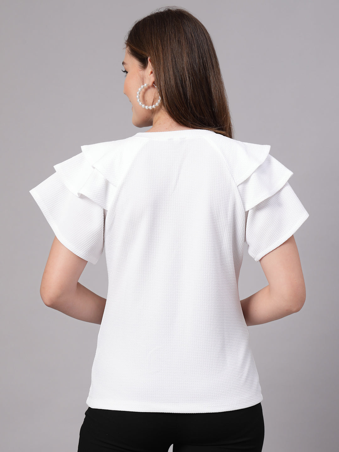 Style Quotient Women Solid Texture White Slim Fit Smart Casual Polyknit Top-Tops-StyleQuotient
