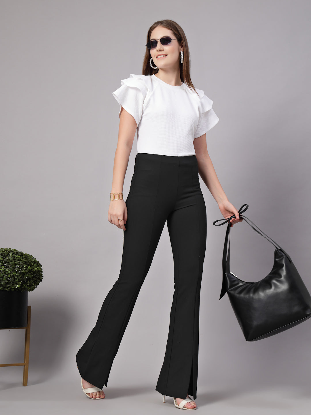 Style Quotient Women Solid Texture White Slim Fit Smart Casual Polyknit Top-Tops-StyleQuotient