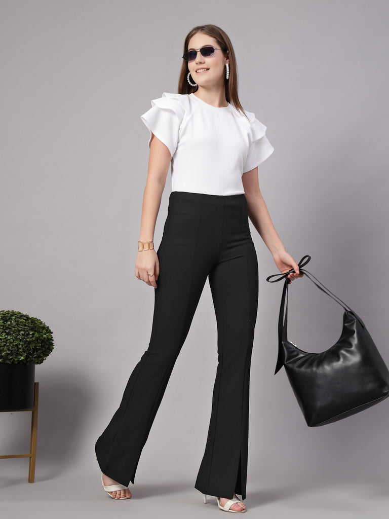 Style Quotient Women Solid Texture White Slim Fit Smart Casual Polyknit Top-Tops-StyleQuotient
