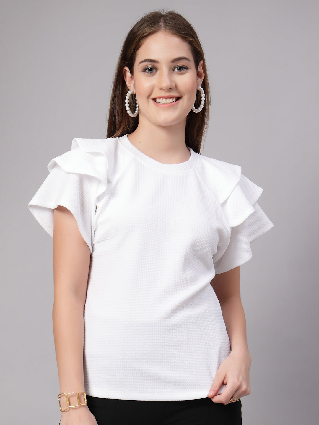 Style Quotient Women Solid Texture White Slim Fit Smart Casual Polyknit Top-Tops-StyleQuotient