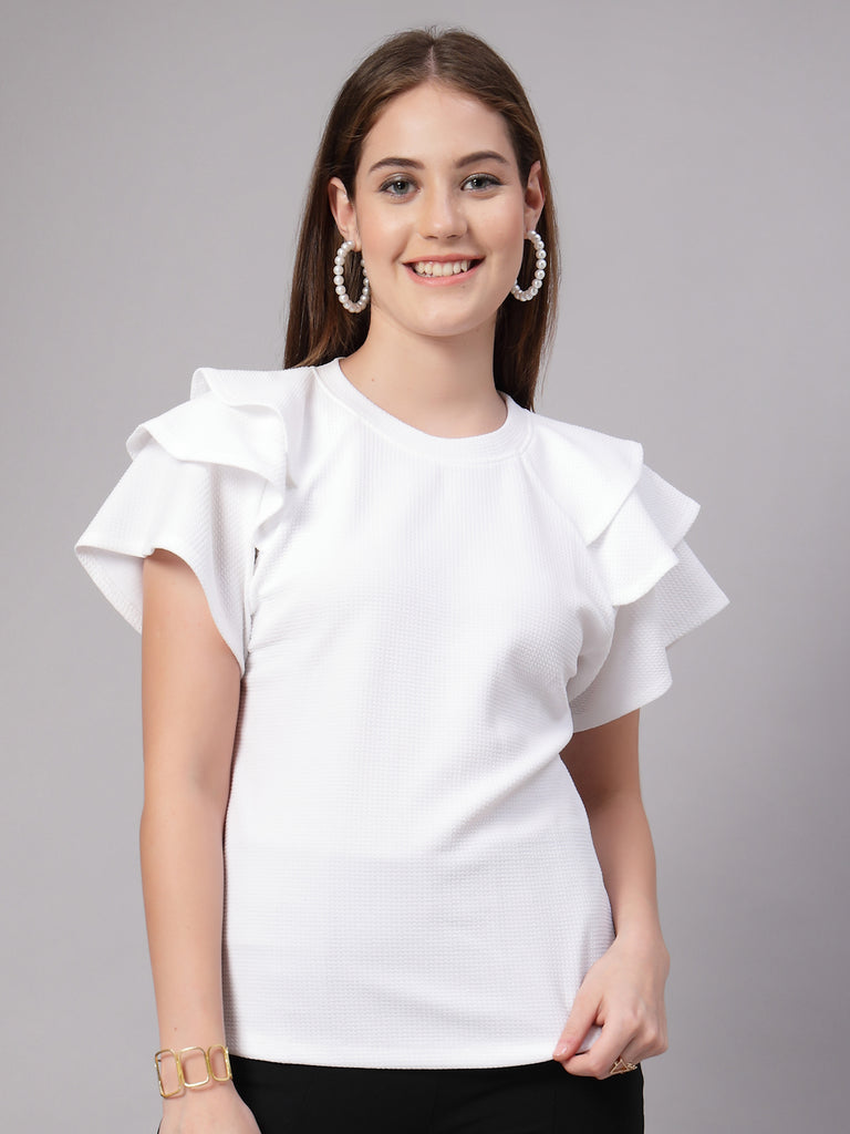 Style Quotient Women Solid Texture White Slim Fit Smart Casual Polyknit Top-Tops-StyleQuotient