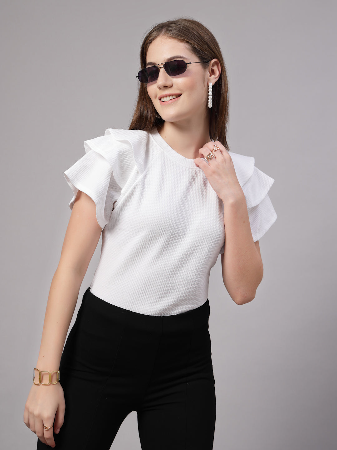 Style Quotient Women Solid Texture White Slim Fit Smart Casual Polyknit Top-Tops-StyleQuotient