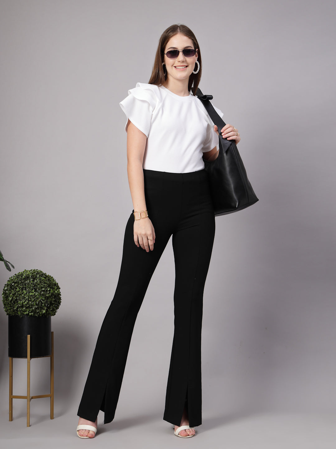 Style Quotient Women Solid Texture White Slim Fit Smart Casual Polyknit Top-Tops-StyleQuotient