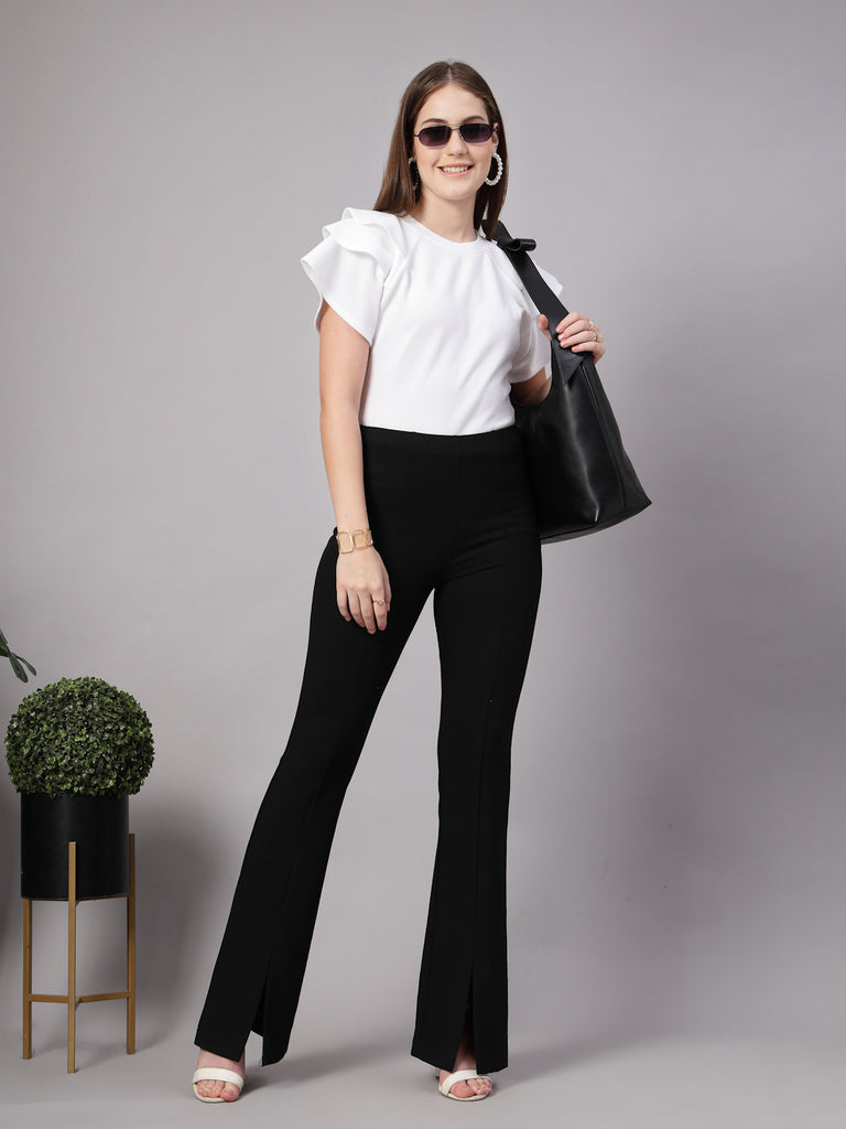 Style Quotient Women Solid Texture White Slim Fit Smart Casual Polyknit Top-Tops-StyleQuotient
