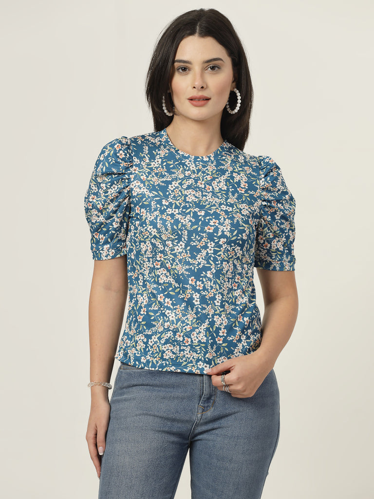 Style Quotient Women Teal Floral printed knit Top-Tops-StyleQuotient