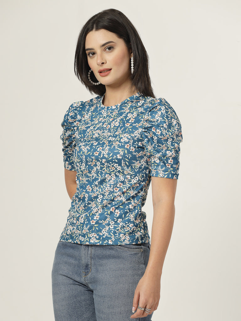 Style Quotient Women Teal Floral printed knit Top-Tops-StyleQuotient