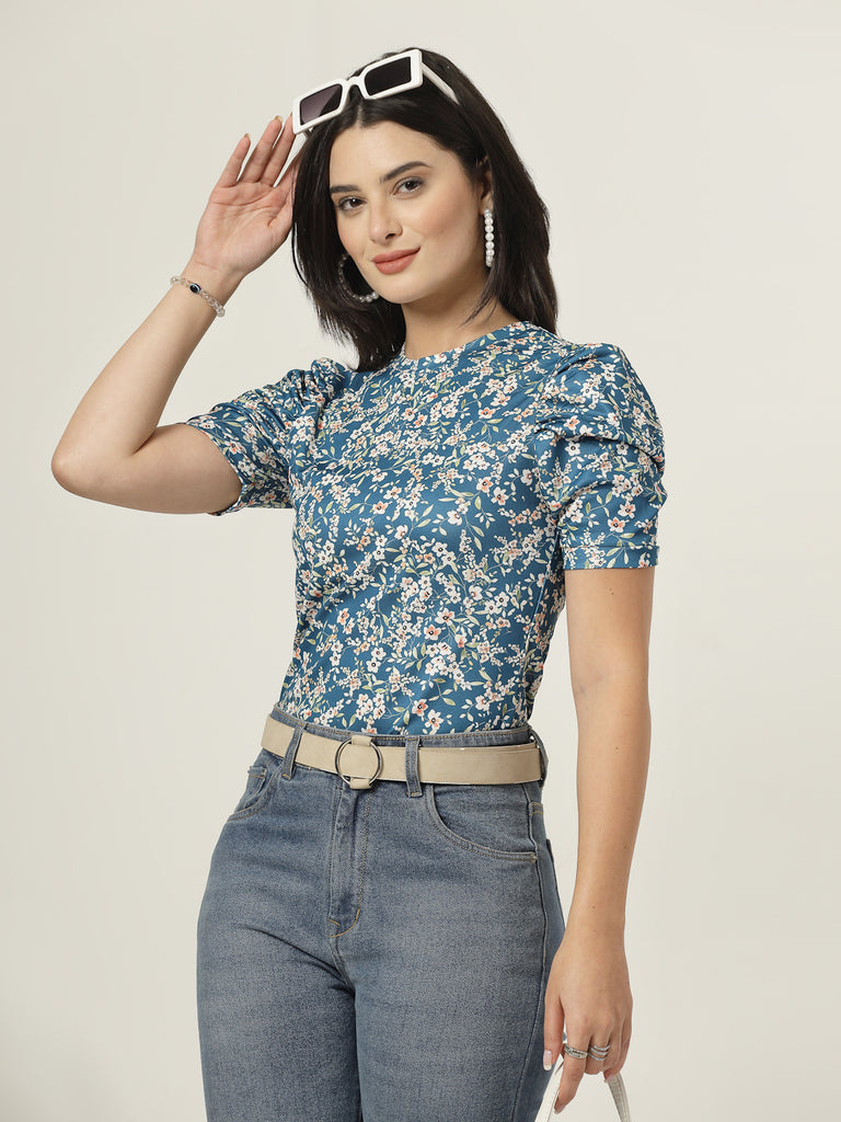 Style Quotient Women Teal Floral printed knit Top-Tops-StyleQuotient