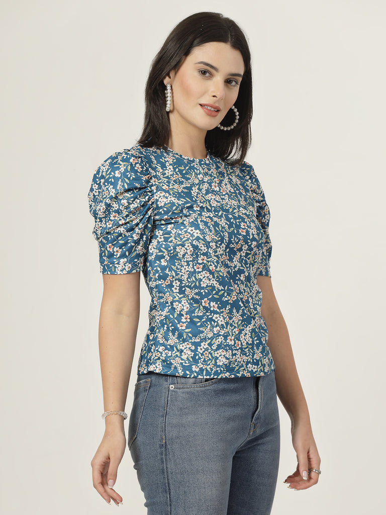 Style Quotient Women Teal Floral printed knit Top-Tops-StyleQuotient