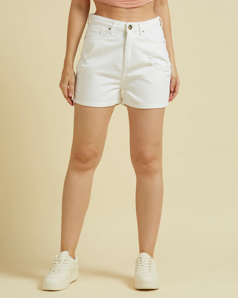 Style Quotient Women White High Rise Denim Shorts-Shorts-StyleQuotient