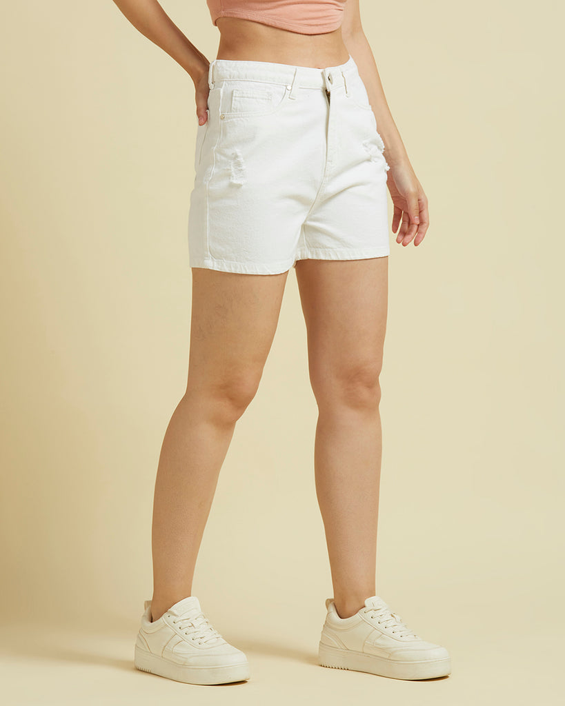 Style Quotient Women White High Rise Denim Shorts-Shorts-StyleQuotient