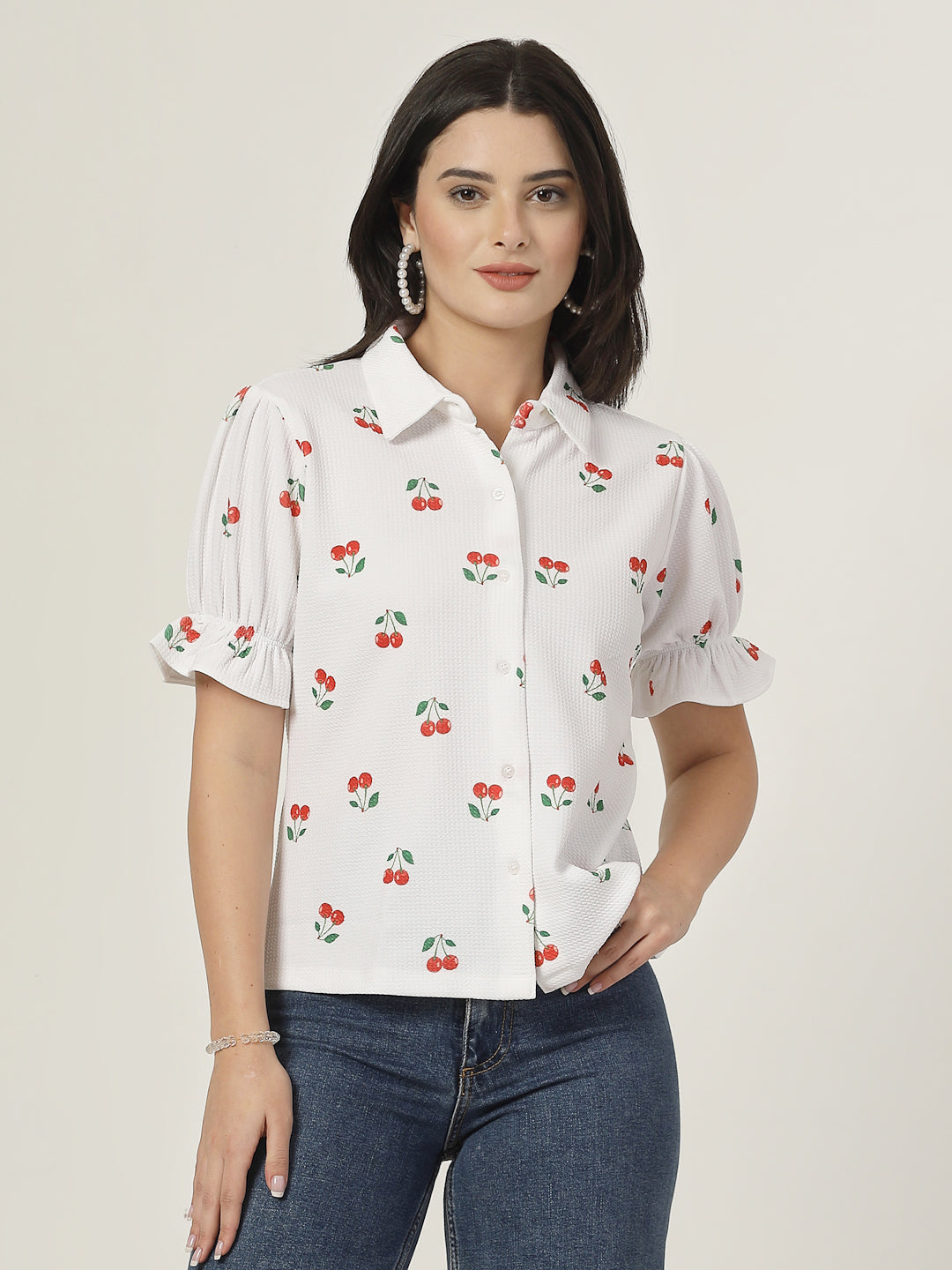 Style Quotient Women Texture White And Red Cherry Print Polyknit Shirt-Shirts-StyleQuotient