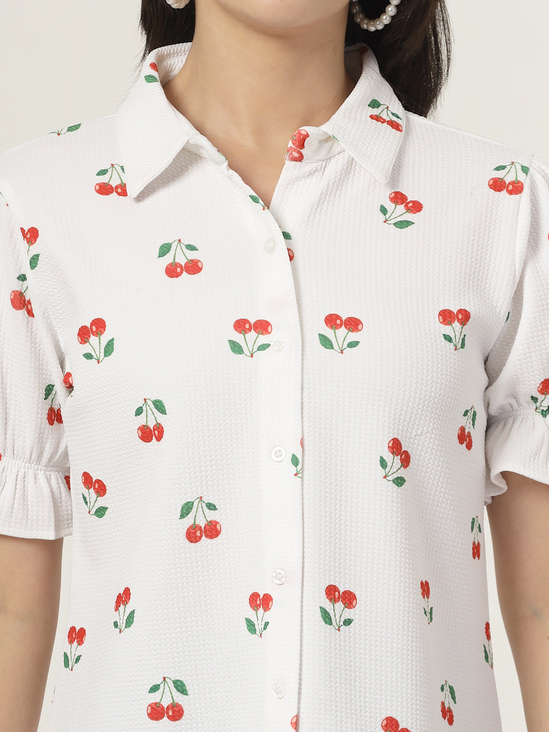 Style Quotient Women Texture White And Red Cherry Print Polyknit Shirt-Shirts-StyleQuotient