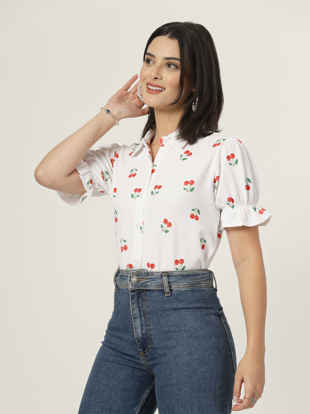 Style Quotient Women Texture White And Red Cherry Print Polyknit Shirt-Shirts-StyleQuotient
