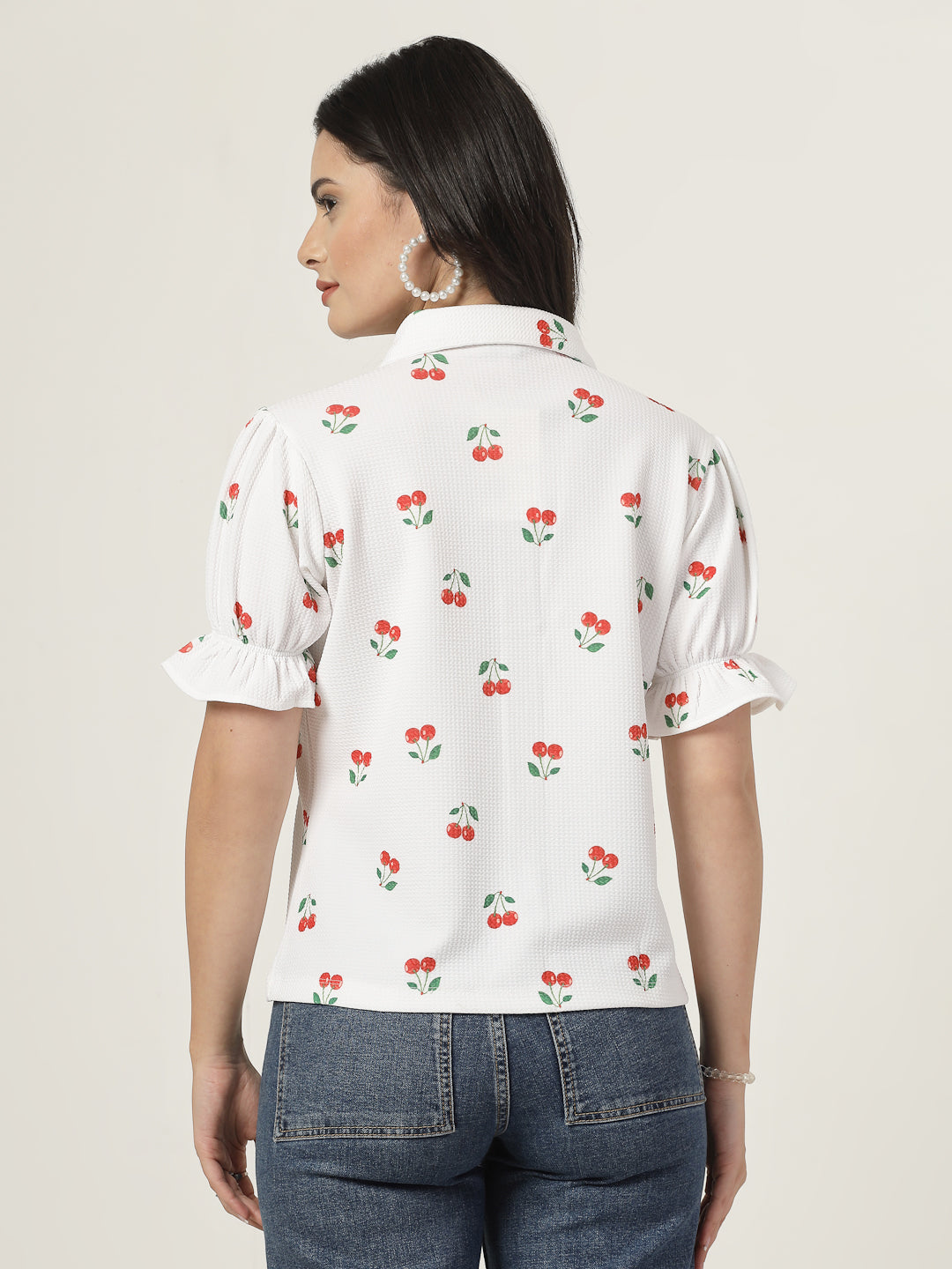 Style Quotient Women Texture White And Red Cherry Print Polyknit Shirt-Shirts-StyleQuotient