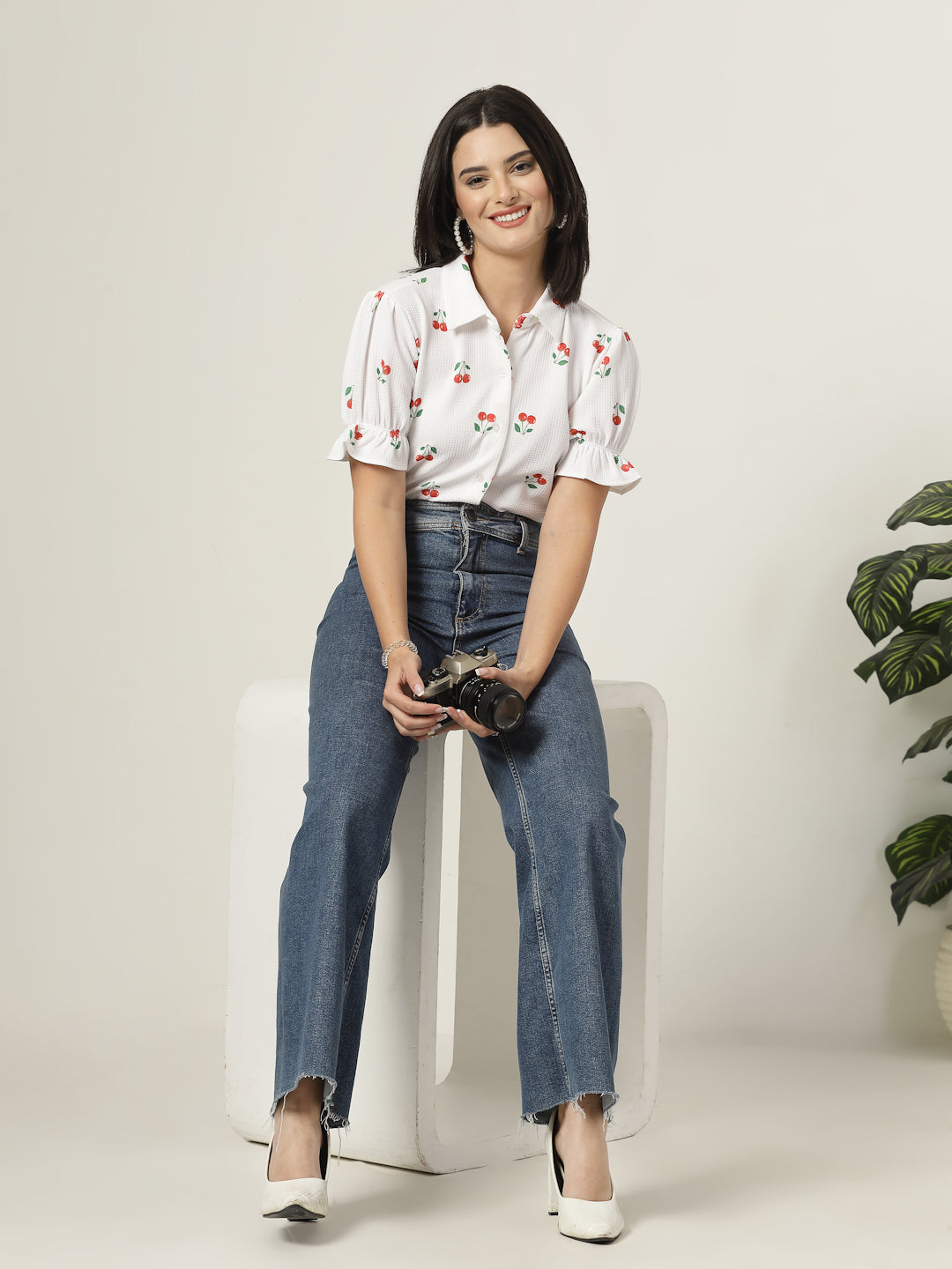 Style Quotient Women Texture White And Red Cherry Print Polyknit Shirt-Shirts-StyleQuotient