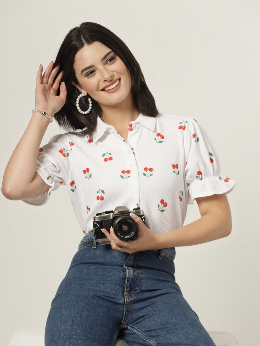 Style Quotient Women Texture White And Red Cherry Print Polyknit Shirt-Shirts-StyleQuotient
