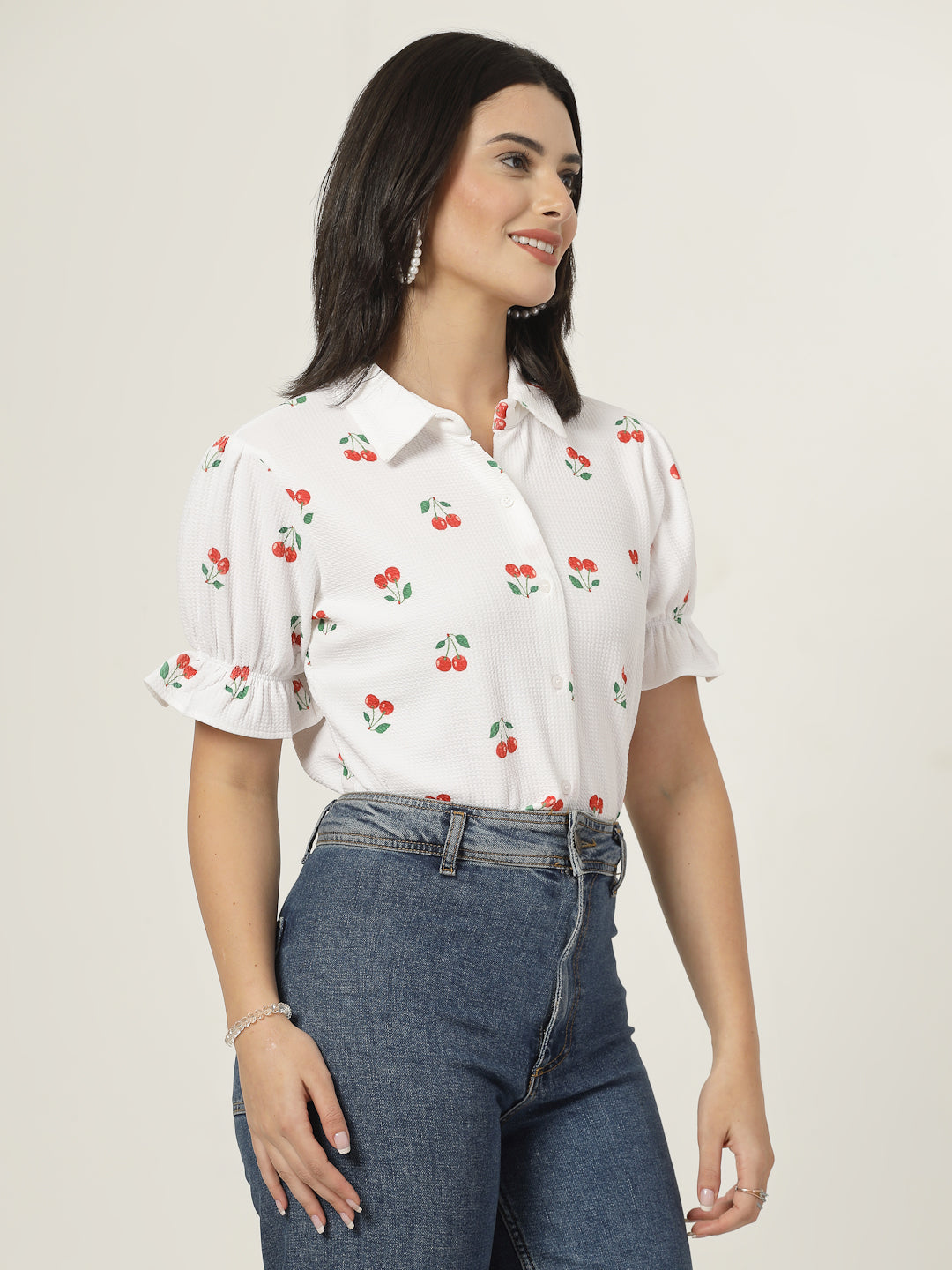 Style Quotient Women Texture White And Red Cherry Print Polyknit Shirt-Shirts-StyleQuotient