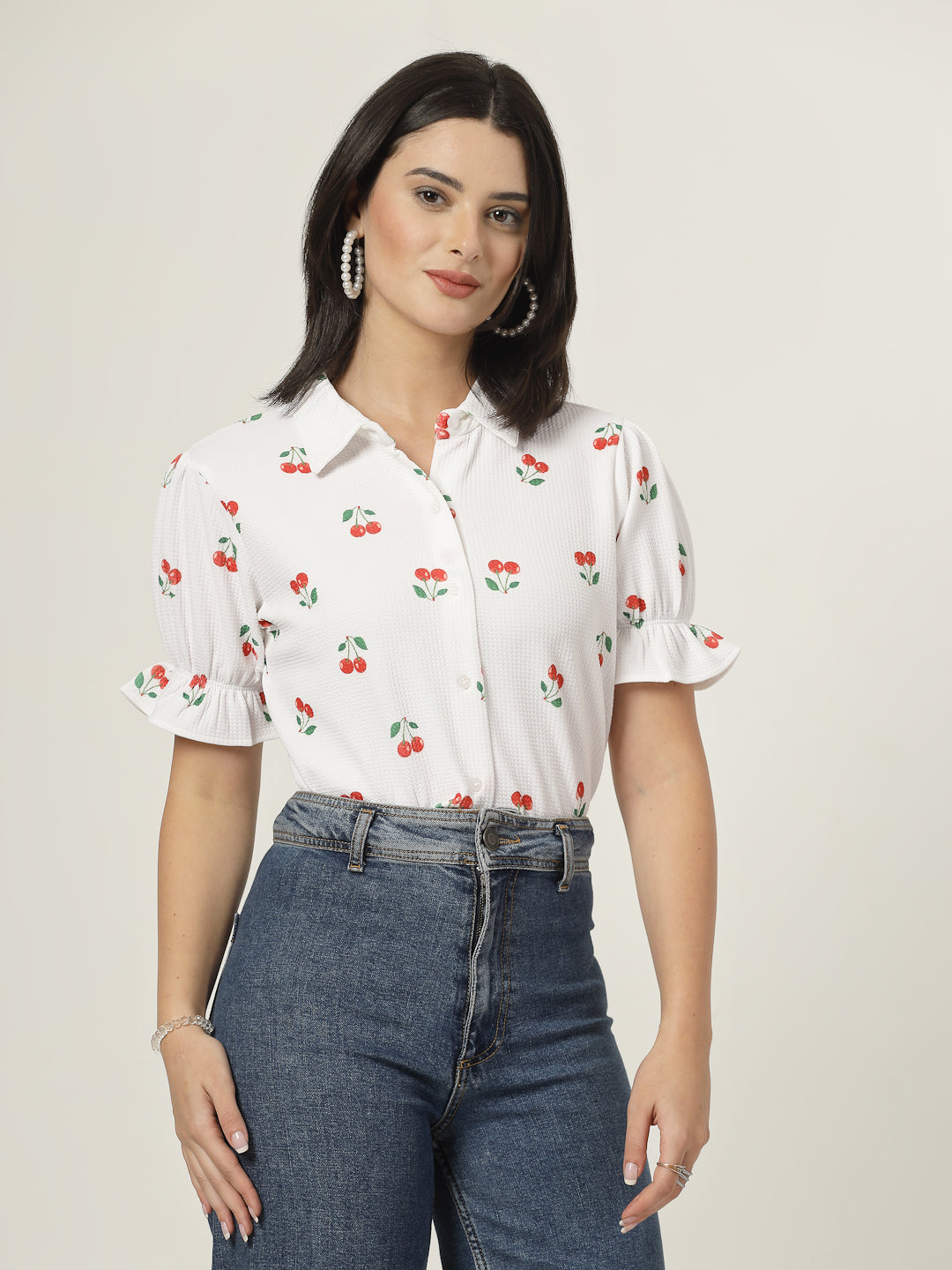 Style Quotient Women Texture White And Red Cherry Print Polyknit Shirt-Shirts-StyleQuotient