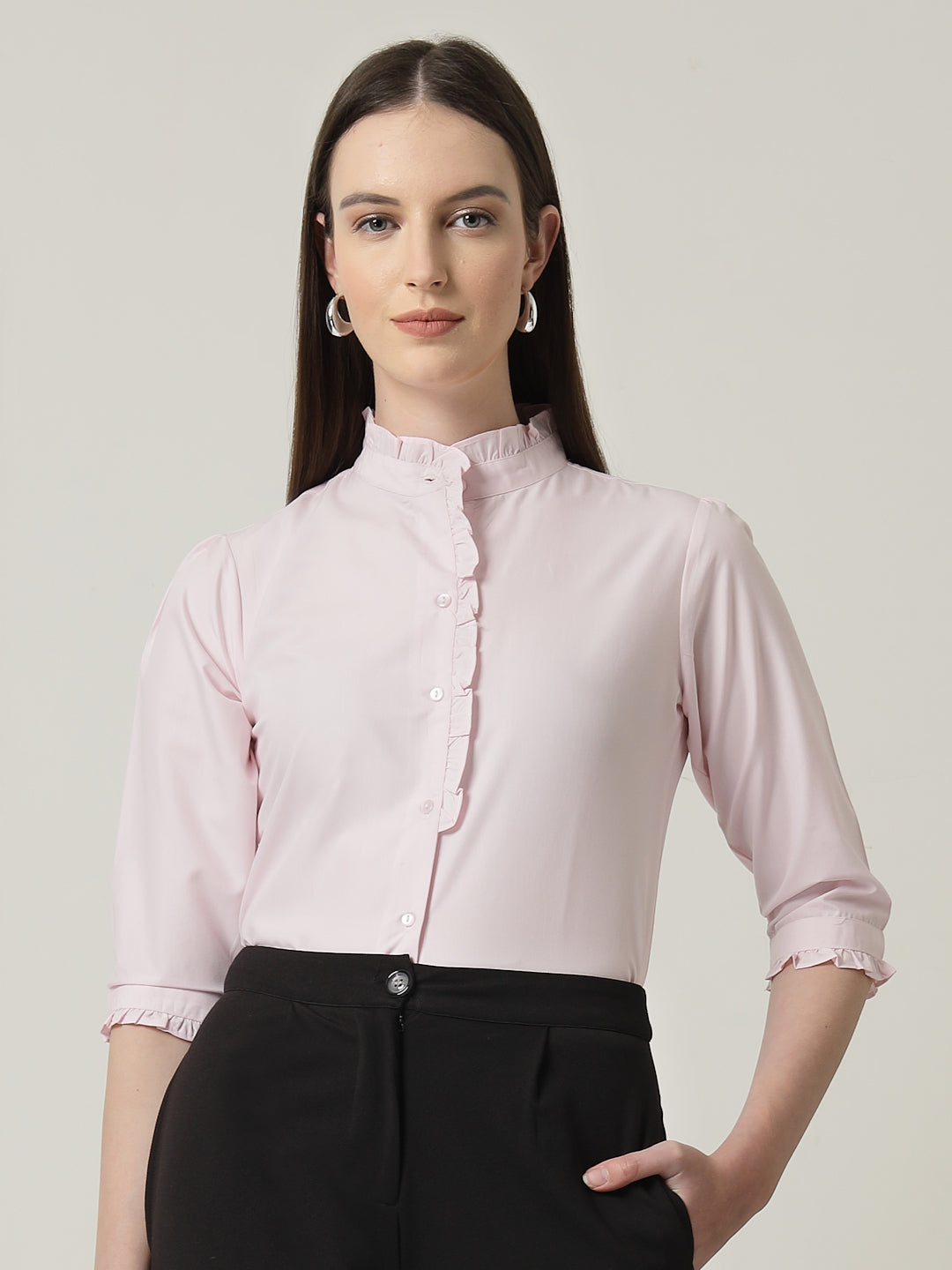 Style Quotient Women Pink Shirt with 3/4th sleeves & front frill-Shirts-StyleQuotient