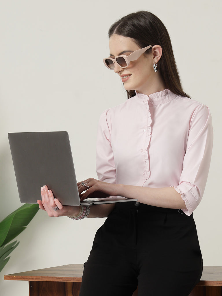 Style Quotient Women Pink Shirt with 3/4th sleeves & front frill-Shirts-StyleQuotient