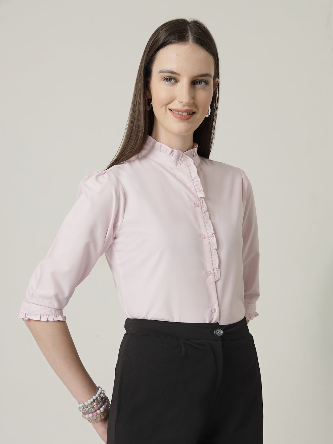 Style Quotient Women Pink Shirt with 3/4th sleeves & front frill-Shirts-StyleQuotient
