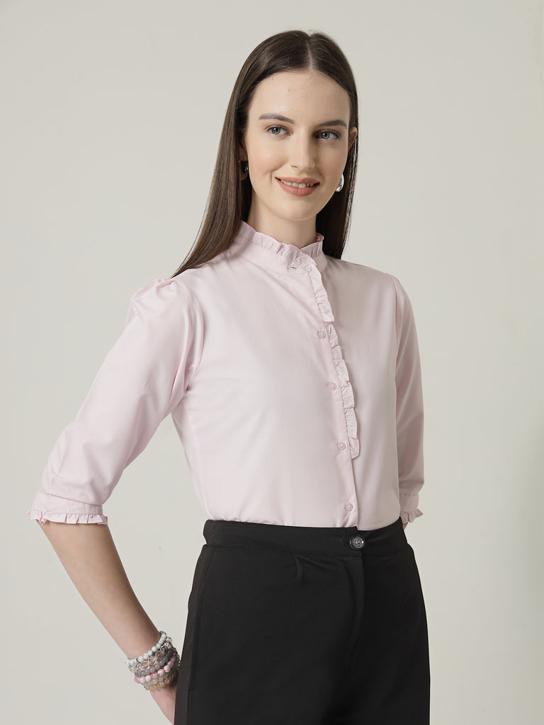 Style Quotient Women Pink Shirt with 3/4th sleeves & front frill-Shirts-StyleQuotient