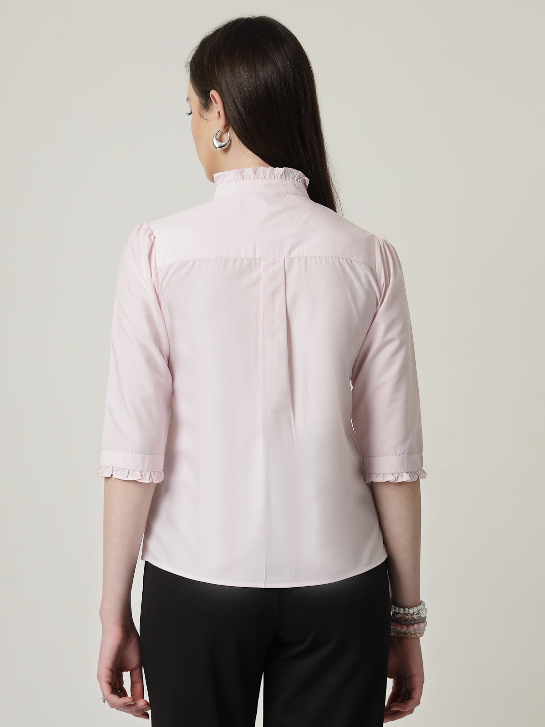 Style Quotient Women Pink Shirt with 3/4th sleeves & front frill-Shirts-StyleQuotient