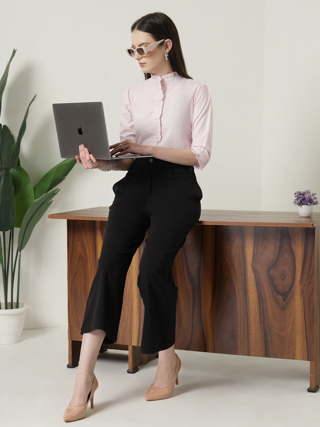 Style Quotient Women Pink Shirt with 3/4th sleeves & front frill-Shirts-StyleQuotient