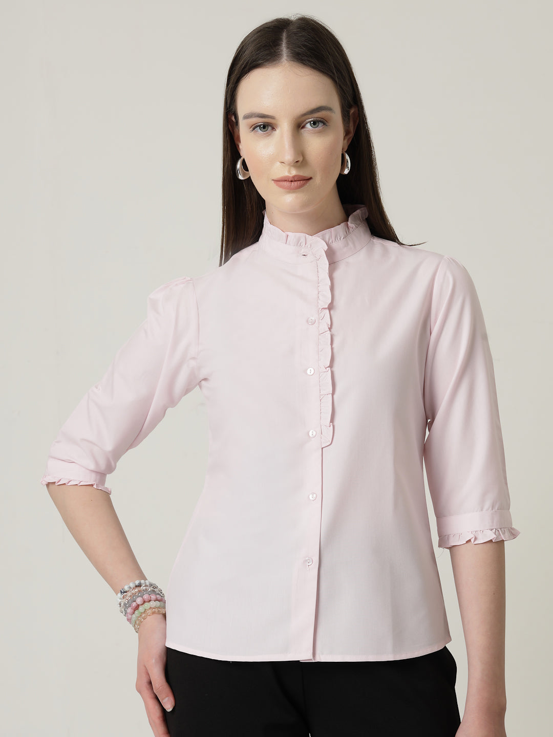 Style Quotient Women Pink Shirt with 3/4th sleeves & front frill-Shirts-StyleQuotient