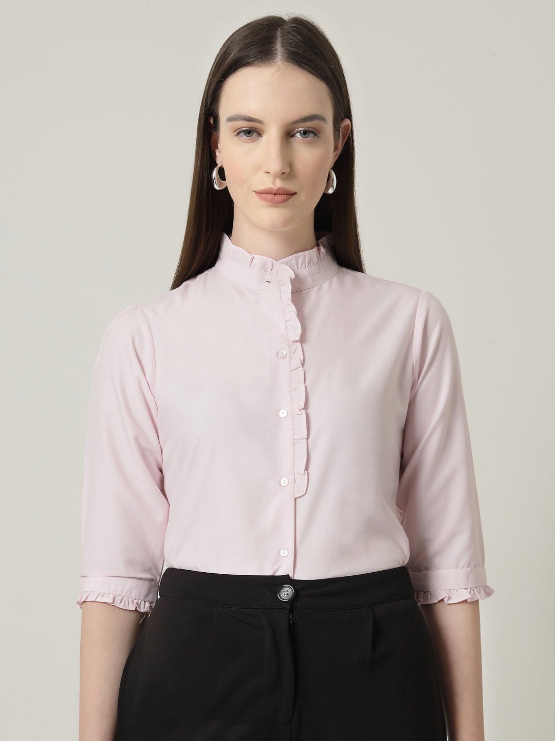 Style Quotient Women Pink Shirt with 3/4th sleeves & front frill-Shirts-StyleQuotient