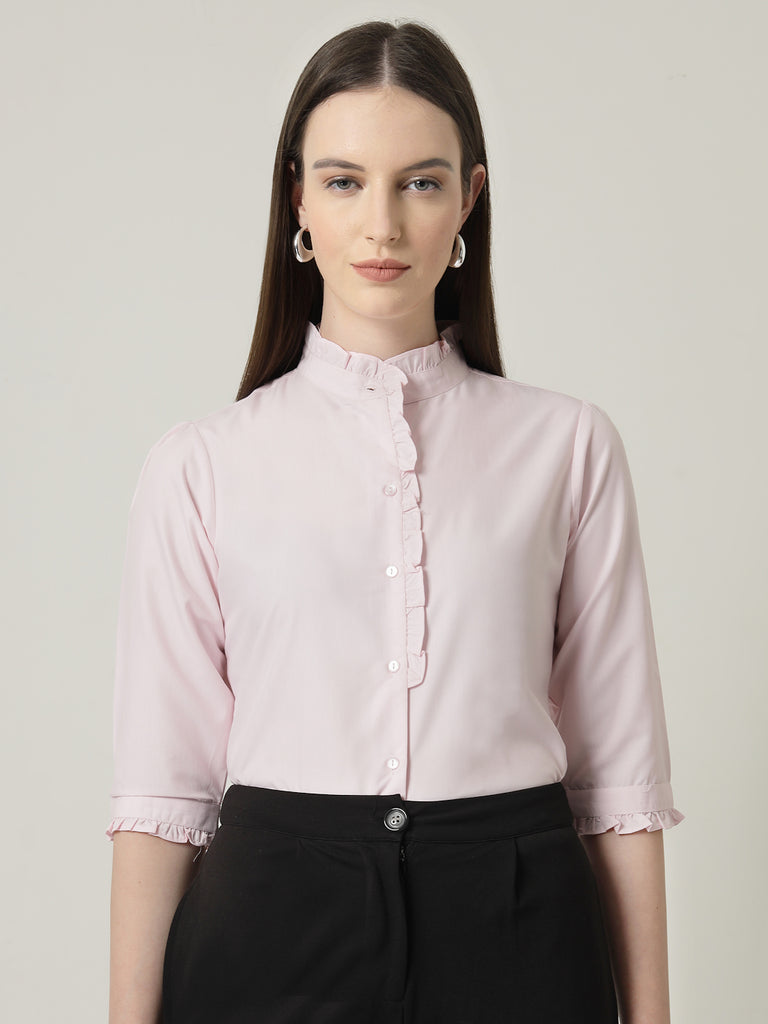 Style Quotient Women Pink Shirt with 3/4th sleeves & front frill-Shirts-StyleQuotient