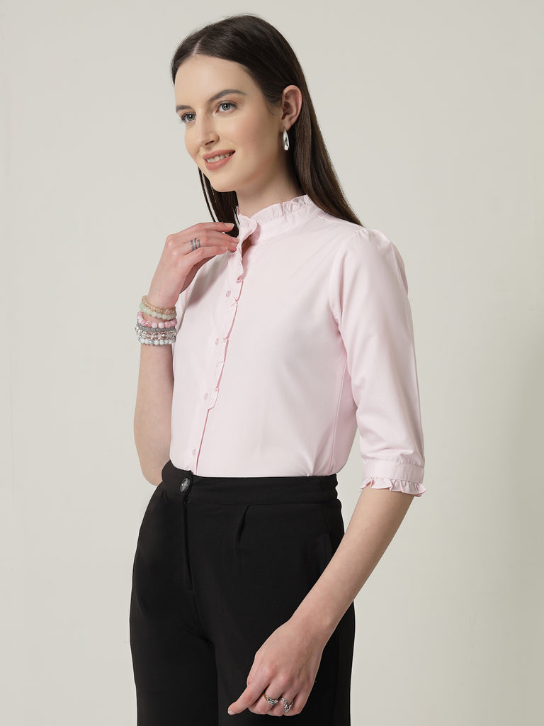 Style Quotient Women Pink Shirt with 3/4th sleeves & front frill-Shirts-StyleQuotient