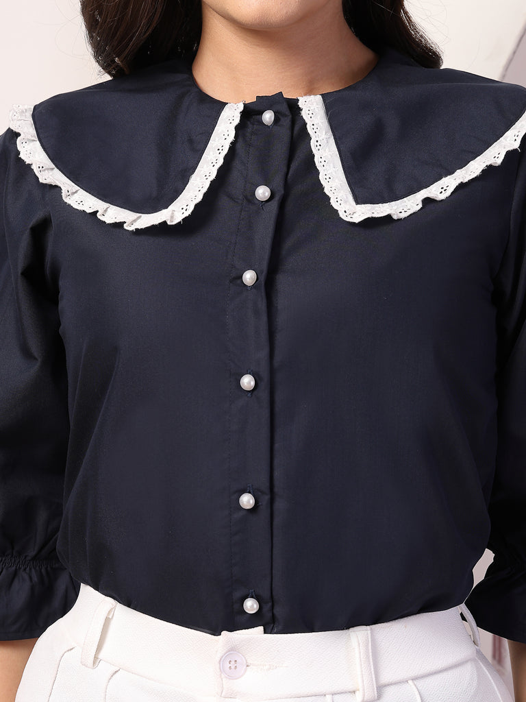 Style Quotient Women Navy Blue Victorian Shirt Style Top-Shirts-StyleQuotient