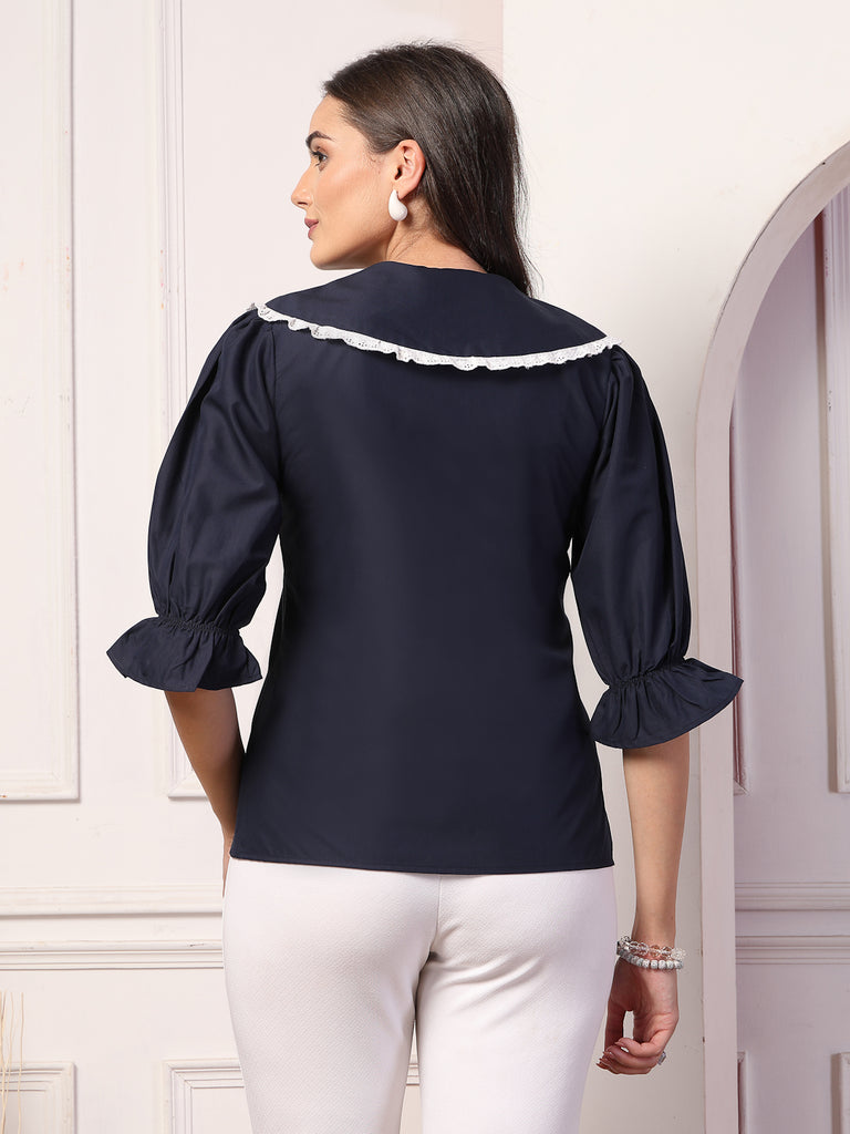 Style Quotient Women Navy Blue Victorian Shirt Style Top-Shirts-StyleQuotient