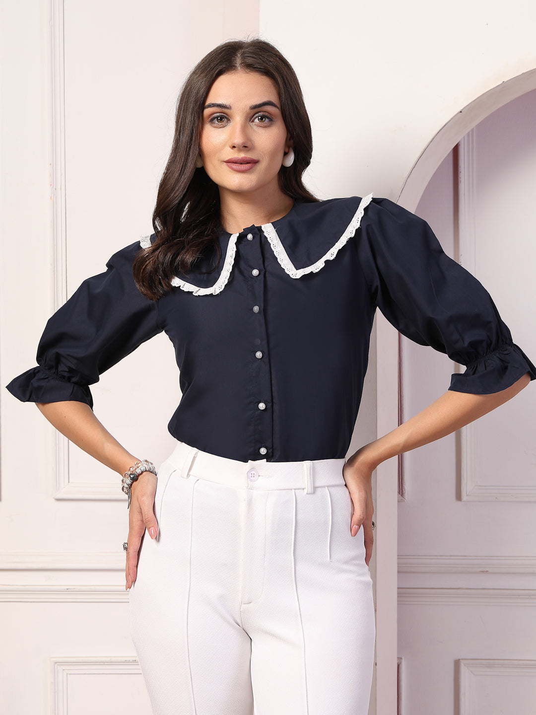 Style Quotient Women Navy Blue Victorian Shirt Style Top-Shirts-StyleQuotient