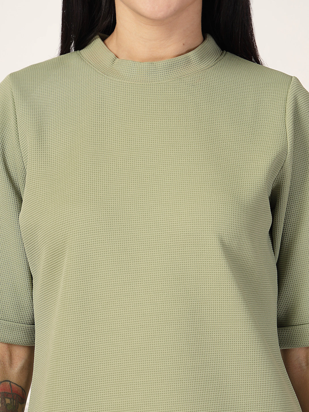 Style Quotient Women Solid Texture Sage Green Polyester Top-Tops-StyleQuotient